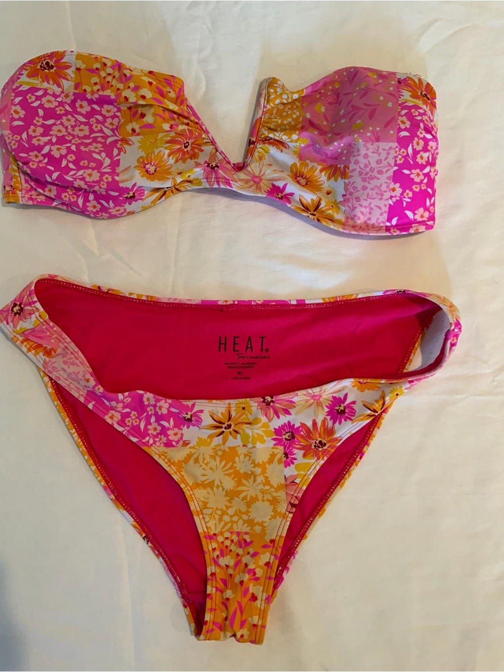 HEAT. Floral Patchwork Bandeau Bikini Set in Pink & Yellow